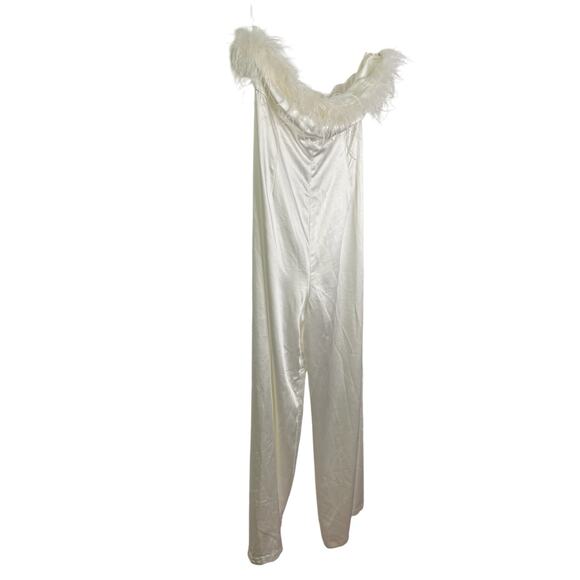 Lovers & Friends Moira Feather Trim Jumpsuit Strapless Wide Leg Satin White Sz M - Picture 7 of 12